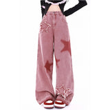 Tineit Women's Pink Jeans Letters Printed High-waisted American Street Wide Leg Pants Hip-hop Fashion Retro Straight Y2K Winter Pants