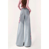 Tineit Women Vintage Baggy Blue Embroidery Jeans 90s High Waist Denim Trouser Harajuku Retro Korean Y2k Wide Cowboy Pants 2000s Clothes