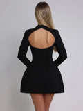 Black Friday Tineit Elegant Long Sleeve Backless Mini Dress For Women O Neck High Waist A-line Club Party Sexy Bodycon Dress Solid Autumn New