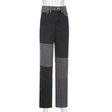 Tineit Women Jeans Straight Pants Ankle Length Mid Waist Patchwork Zipper Pockets Spliced Loose Slight Strech High Street 2024