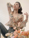 Tineit Floral Print Chiffon Blouses Women Summer Flare Sleeve V Neck Ruffles Shirts Ladies Elegant Vintage Sweet Lace Up Irregular Tops