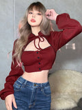 Tineit Y2k Knitted Crop Top Women Spring Summer Long Sleeve Lace Up T-shirt Elegant French Style Pure Color Hollow Out Slim Streetwear