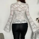 Black Friday Tineit Sexy Lace Hollow Bandage T shirt Top Female Slim Long Sleeve Pullovers Solid Autumn Winter New Hot Girl See Through Top