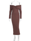 Black Friday Tineit Elegant Brown Knitted Long Dress For Women One-shoulder Ruched Sexy Sweater Dress Slim Plunge Club Party Dress Female