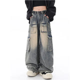 Tineit Women Blue Jeans Cargo Pants Streetwear High Waist American Wide Leg Pants Fashion Y2K Style Female Winter Straight Trousers