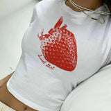 Tineit Women's Y2K Vintage Summer Tops Cute Strawberry Fruit Print Short Sleeve Round Neck Fitted T-Shirts Aesthetic Clothes