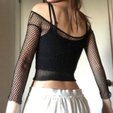 Tineit Harajuku Hollow Out See Through Crop Top Gothic Fishnet Mesh T-Shirts Grunge Mall Goth Women Summer Beach Cover-ups