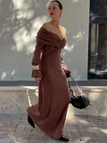 Black Friday Tineit Elegant Brown Knitted Long Dress For Women One-shoulder Ruched Sexy Sweater Dress Slim Plunge Club Party Dress Female