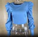 Tineit Denim Blue Women blouse Round Neck Puff Sleeve Corset Top Long Sleeve Shirt Sexy Tops Blouses Denim Top Shirt Sweetheart Slim