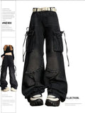 Tineit Y2K Vintage Cargo Baggy Jeans Women Streetwear Star Patch Pockets Gothic Wide Leg Jeans Punk Harajuku Denim Trousers 2000s