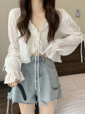 Tineit Sweet Ruffles Crop Top Women Summer Casual Long Sleeve Cardigan Female Korean Fashion Lace Up Candy Color Thin Sunscreen Tops