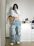 Tineit 2023 New American Multi-pocket Overalls Female Y2K Fashion Trend High Street Retro Heavy Industry Loose Casual Wide-leg Jeans