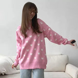 Tineit Heart Printed Knitted Sweater For Women Mid Length Knitted O-Neck Pullover Sweater Loose Long Sleeve Autumn Winter New