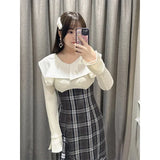 Tineit  O-neck Ruffles Vestidos Knit Spliced Plaid Vestido Long Sleeve Dresses Irregular Hem Dress Spring Autumn 2025 New Ropa Mujer