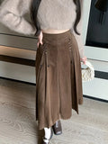 Tineit Autumn Winter Long Skirt Women Korean Fashion Bandage Drawstring Pleated Skirt Female Elegant Vintage High Waist A-line Skirts