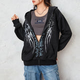 Tineit 2024 Fall Fashion Graphic Print Zip Up Hoodie 00s Retro Cyber Y2K Sweatshirt Wings Grunge Emo Goth Jacket Coat Women Men Aesthetic Streetwear