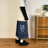 Tineit Vintage Embroidery Baggy Jorts Women Y2k Hip Hop American Streetwear Wide Leg Jeans Gothic Oversize Denim Shorts Summer