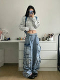 Tineit American Street Workwear Multi-Pocket Heavy Lndustry Design Jeans Female Y2K Gothic Fashion Punk Style Loose Floor Wide-leg Pant