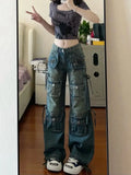 Tineit American Retro Overalls Jeans Female Y2K Street Fashion Trend Gothic Heavy Industry High Waist Leisure Wide Leg Straight Pants