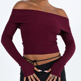 Tineit Solid Color Ribbed Knitted Long Sleeve Slim Fit Knitwear Tees Women's Off Shoulder Cropped Tops Elegant Vintage Coquette T-shirt