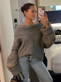 Tineit Irregular Ribbed Knit Pullover Sweater For Women Off-Shoulder Long Sleeve Loose Fashion Streetwear Casual Autumn Sweater