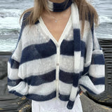 Black Friday Tineit Fashion Striped Sweater Cardigan With Scarf Female Loose Thin Hollow Knitted Top Lantern Sleeve Contrast Color Retro Top