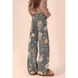 Tineit Vintage Floral Print High Waist High Street Blue Straight Jeans Pants Korean Fashion Women's Wide Leg Baggy Y2K Denim Trouser