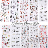 Tineit 10pcs Chinese Style Nail Art Foils Ink Painting Characters Cloud Crane Design Transfer Sliders New Year DIY Decor Stickers DXK12