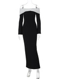 Black Friday Tineit Color Block Off-Shoulder Long Dress Women's Higt Waist Elegant Gown Dress Long Sleeve Splice Bodycon Dress Female Fashion