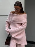 Black Friday Tineit Elegant One-Shoulder Knitted Dress For Women Loose Sexy Rib knit Sweater Autumn Winter Midi Dresses Female Long Sleeve