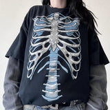 Tineit Y2K Aesthetic Gothic Skull Print Tops Halloween Punk Style Cbyer Grunge T-shirt Emo 00s Vintage Long Sleeve Pullovers Tee