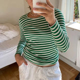 Tineit Vintage Preppy Style Y2K Crop Tops Clothes Cottage Striped Rib Knitted T-shirt Women Long Sleeve Casual Basic Tees Pullovers