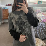 Tineit Gothic Grunge Sweats Tops Y2K Clothes 2000s Retro Dark Academia T Shirt Wings Graphic Print Patchwork Long Sleeve Tees