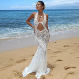 Tineit Sexy Lace See Through Hollow Out Maxi Dress Womens Elegant Summer White Holiday Beachwear Backless Slim Halter Neck Dress