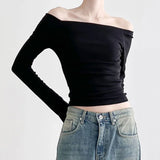 Tineit Y2K Fairy Backless T-shirt Vintage Off Shoulder Crop Top Women Rib Knitted Skinny Basic Tee Korean Elegant Long Sleeve Clothes