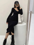 Tineit 2024 Fall Fashion Dresses For Women 2024 V Neck Sexy Slim Elastic Oversized Knitted Dress Fall Korean Fashion Basic Bodycon Sweater Dress Vestidos