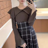 Tineit  Contrast  Plaid Knitted Vestidos Laple Neck Long Sleeve Vestido Japanese Dress Mermaid Dresses2025 Spring New Ropa Mujer