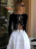 Tineit Elegant Lace Up Cardigan Women's Navel Cut Out Sexy Long Sleeve Ruffled Short Hot Girl Slim Fit Outwear Top Fall Fashion