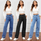 Tineit Women Jeans Straight Pants Denim Washing High Waist Loose Fit Pockets Basics Ankle Length Pants Solid Color Slight Strech