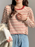 Tineit Spring Striped Cotton T Shirt Women Long Sleeve O Neck Simple All-match Tees Preppy Style Sweet Loose Casual Bottom Shirt Tops