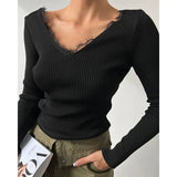 Tineit Korean Fashion Casual Basic Black White Tees Autumn Rib Knitted Long Sleeve T-shirt Fairycore Lace Trim V Neck Crop Tops Clothes