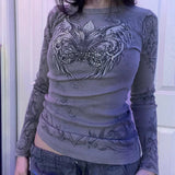 Tineit Wings Graphic Print Grey T Shirt 00s Vintage Grunge Rib Knitted Tees Shirt Y2K Cyber Edgy Techno Crop Top Women Retro Streetwear