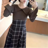 Tineit  Contrast  Plaid Knitted Vestidos Laple Neck Long Sleeve Vestido Japanese Dress Mermaid Dresses2025 Spring New Ropa Mujer