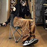 Tineit 2023 American Retro Brown Five-Pointed Star Patch Jeans Women New Trend Hip-Hop Casual Joker Loose Wide-Leg Straight Mop Pants