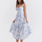 Tineit Blue Floral Layered Midi A-Line Dress