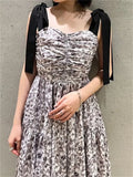 Tineit Japanese Sweet Print Women Dress Lace-up Bow Dresses 2025 Summer New Vestidos Pleated Vestido High Waist Draped Ropa Mujer