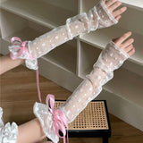 Tineit Lolita Cute Bow Y2K Floral Hollow Out Long Sunscreen Gloves Japanese Style Kawaii Lace Sheer Gloves UV Protection Arm Sleeves