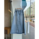 Tineit Summer Vintage Blue Women Denim Skirt Streetwear American Style Casual High Waist Ladies Slit Jean Medium and Long A-line Skirt