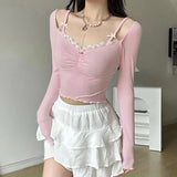 Tineit Y2K Tops Women Off Shoulder Long Sleeve Slim T Shirt Korean Style Sweet Cute Pink Crop Top Spice Girl Sexy Skinny Aesthetic Tees