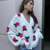 Tineit 3D Rose Flower Knitted Cardigan Female 2024 Autumn Winter Hand-Knitted Sweater Jacket V Neck Fashion Splice Casual Top